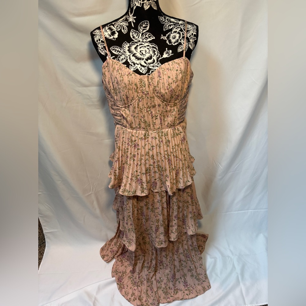 Lulu's Cascading Crush Pink Floral Print Tiered Bustier Midi Dress - Picture 6 of 15